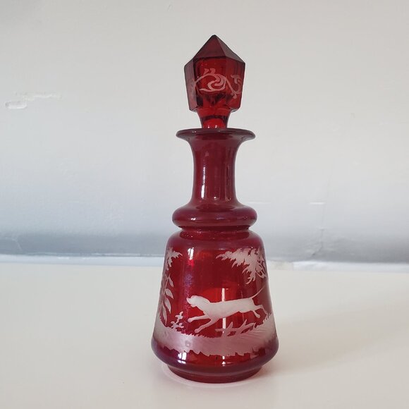 Bohemian Czech Ruby Red Cut to Clear Glass Decanter with Stopper - Picture 3 of 3
